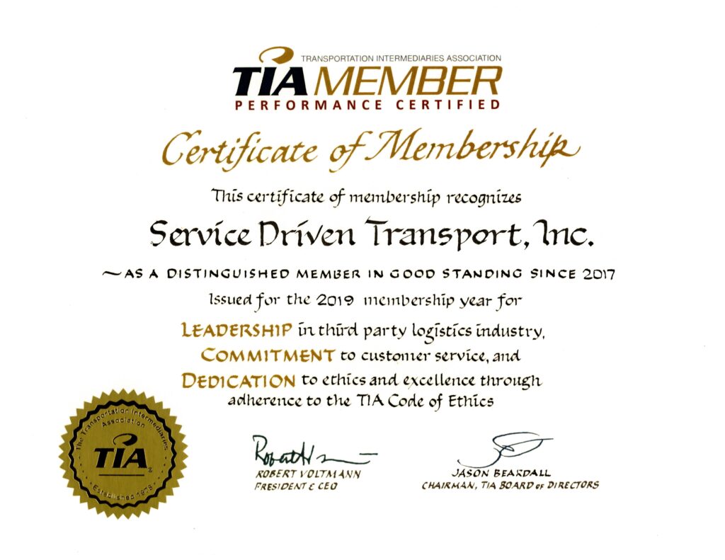 Service Driven Transport Inc. Transportation Intermediaries Association Certificate of Membership